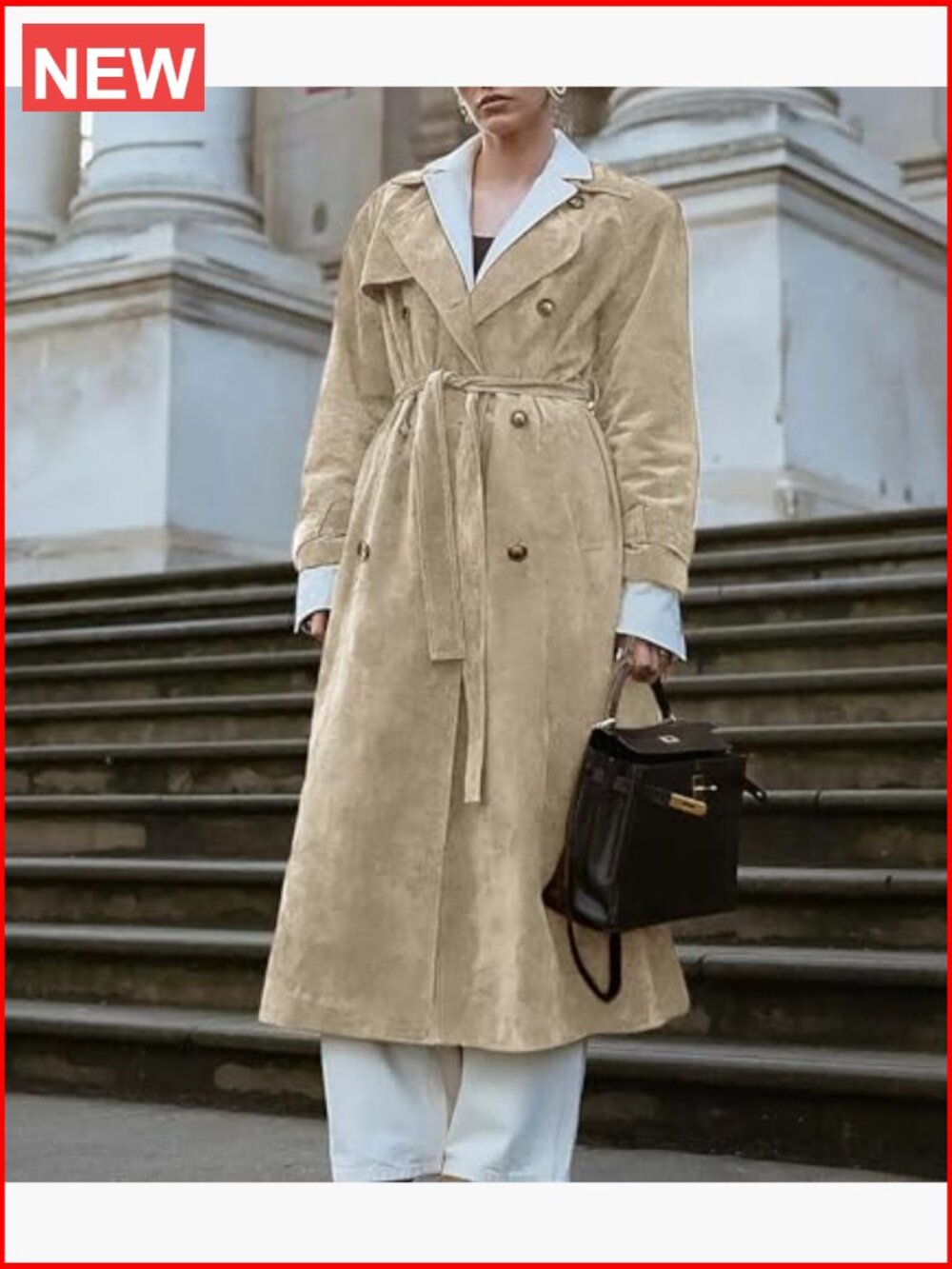 Faux Suede Long Trench Coat Notched Lapel Double Breasted Pea Coat Overcoat - Picture 5 of 7